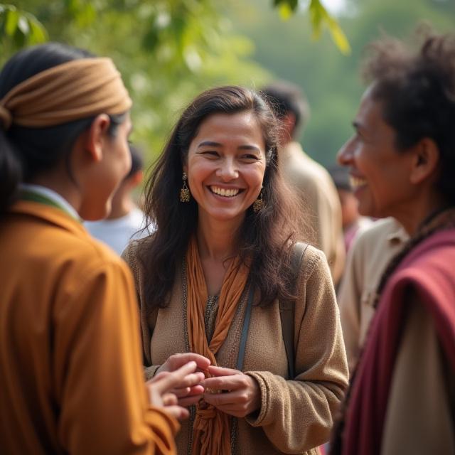 現地のコミュニティメンバーと笑顔で話すツアーガイド
